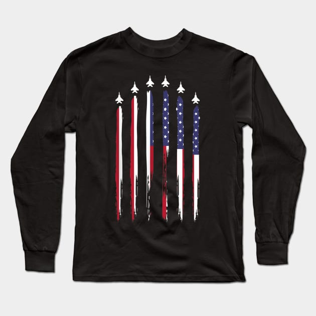 American Flag USA Airplane Jet Fighter 4th of July Patriotic Long Sleeve T-Shirt by AMBER PETTY